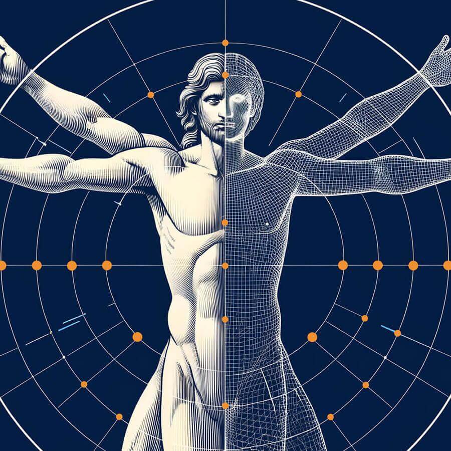 Stilisierte Darstellung des Vitruvianischen Menschen, die die umfassende Diagnostik und Präzision der Ganzkörper-MRT im Radiologie Zentrum Freiburg symbolisiert